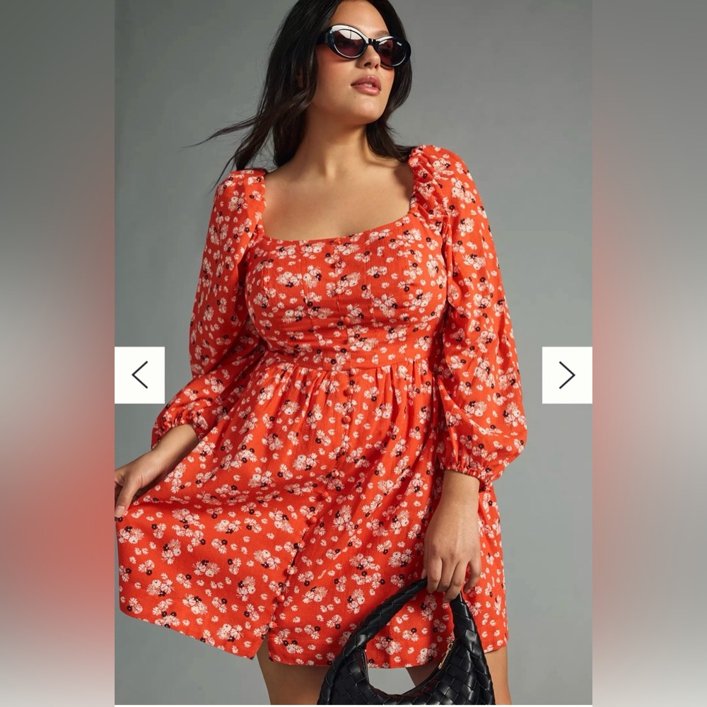 Anthropologie Orange Floral Long Sleeve Dress